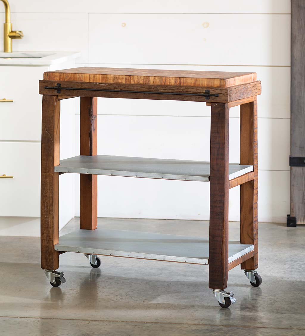 Reclaimed Wood Rolling Butcher Block Kitchen Island with Storage