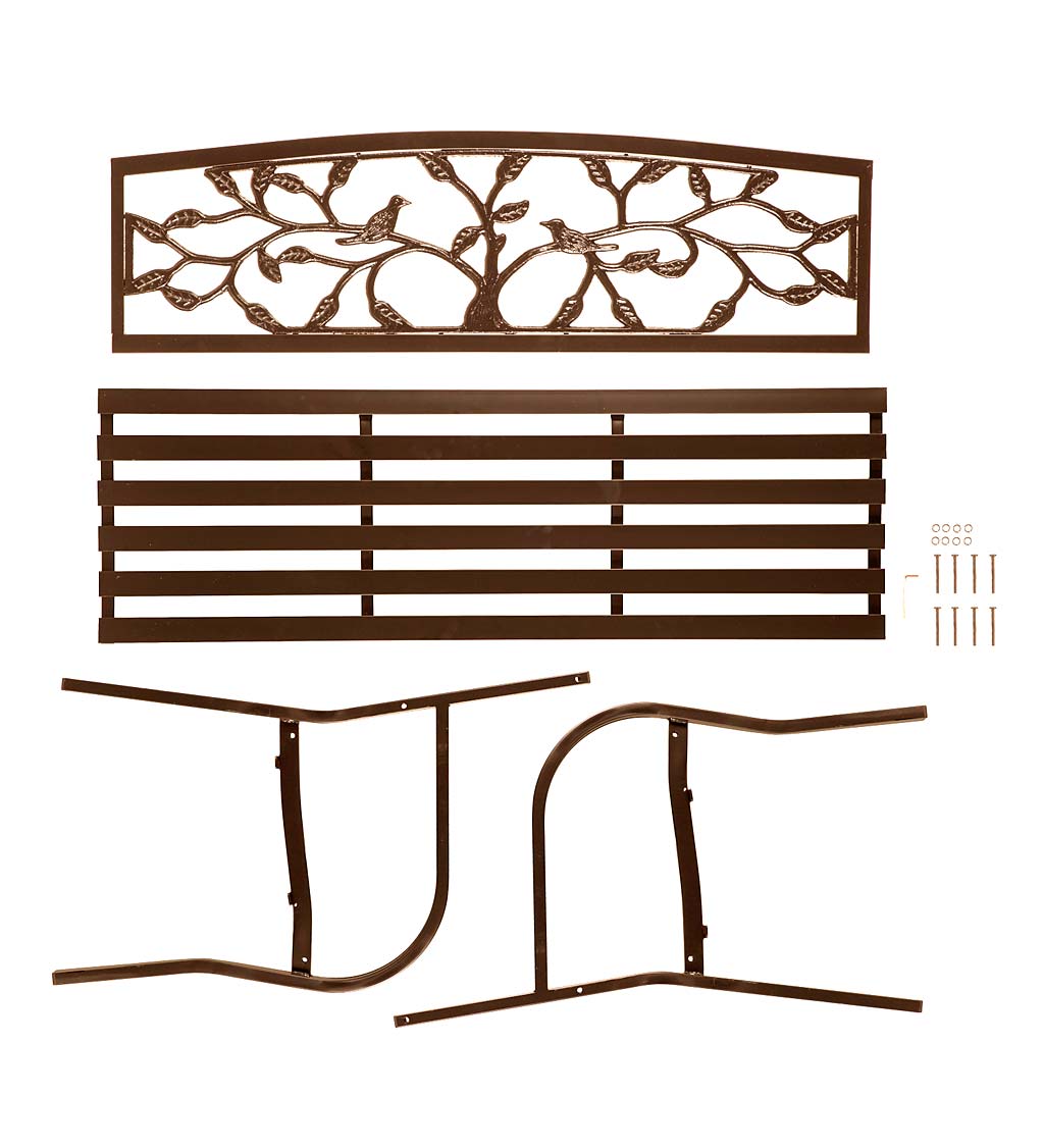Antiqued Copper-Colored Metal Bench with Tree of Life Motif Backrest