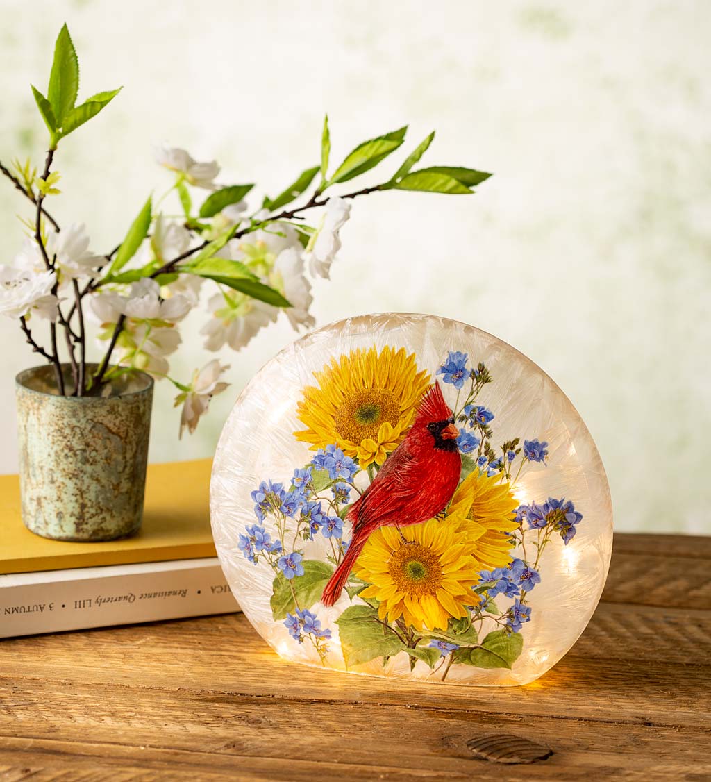 Lighted Cardinal with Sunflowers Crackled Glass Tabletop Art