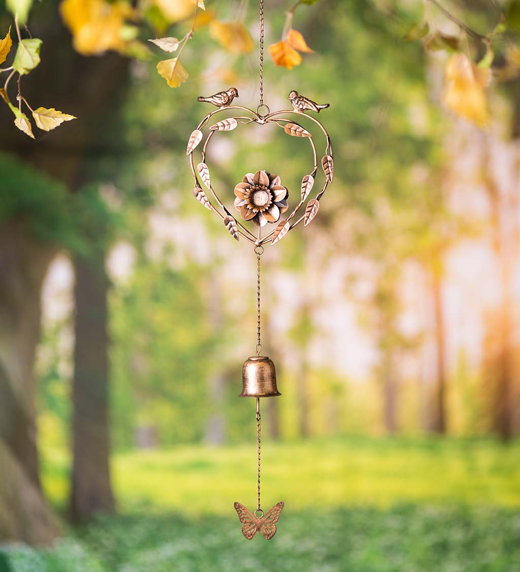 Handcrafted Golden Metal Wind Chime with Birds, Heart, Flower, Butterfly and Bell