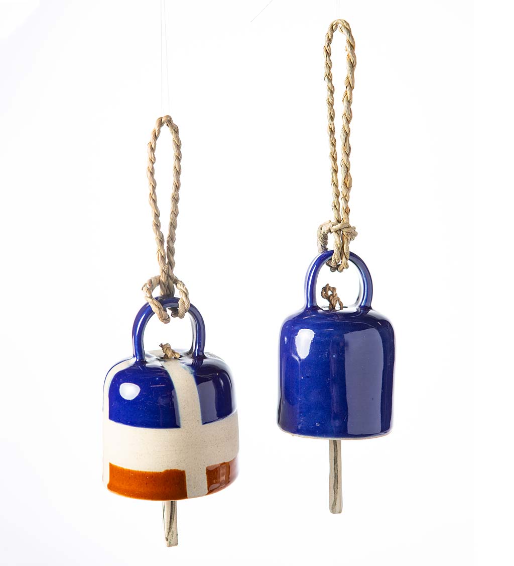 Handcrafted Ceramic Bells with Fiber Hanging Cord, Set of 2