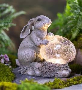 Bunny Sculpture with Solar Lighted Crackle-Glass Orb