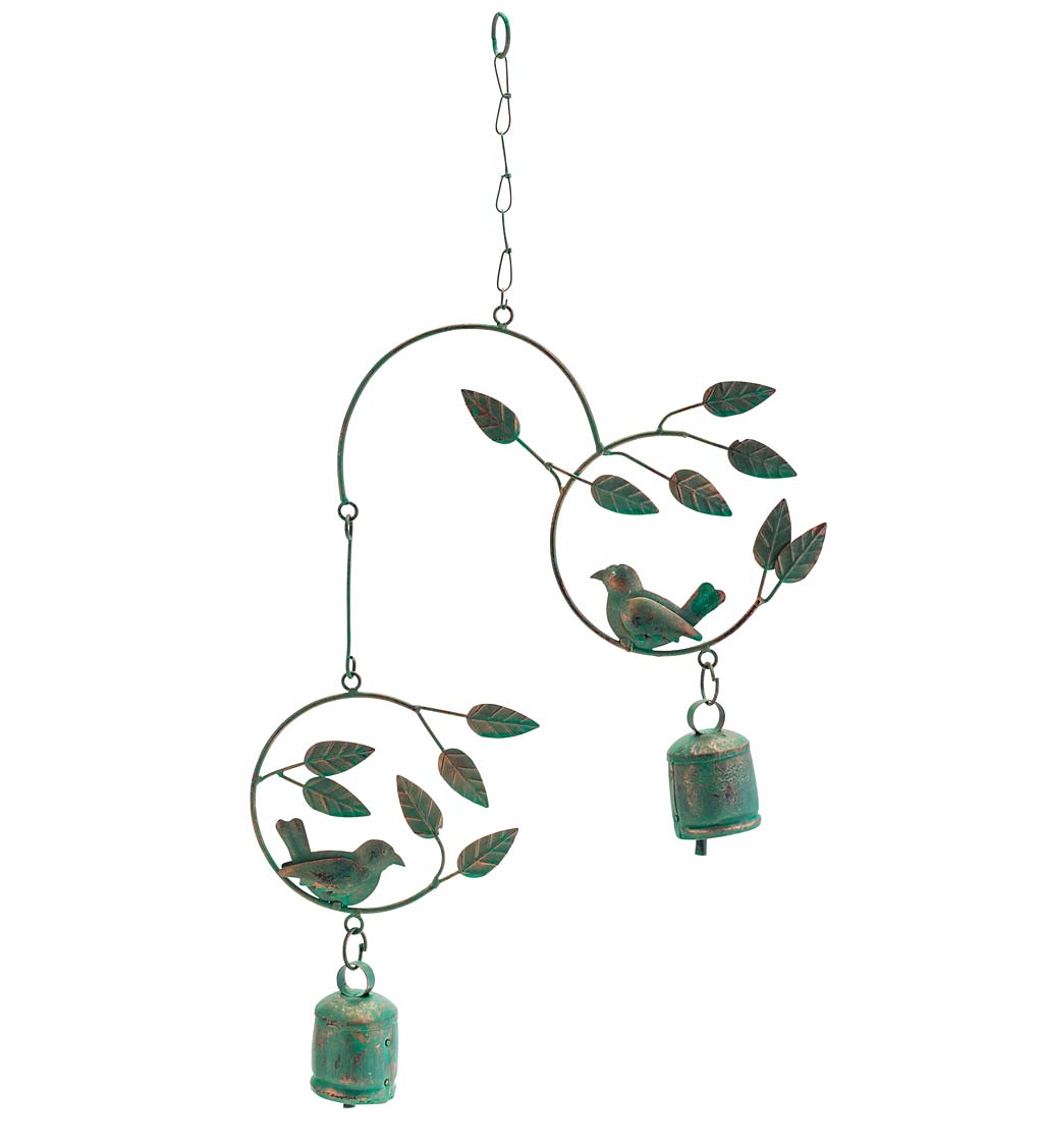 Metal Birds and Bells Wind Chime with Green Over Gold Patina-Like Finish
