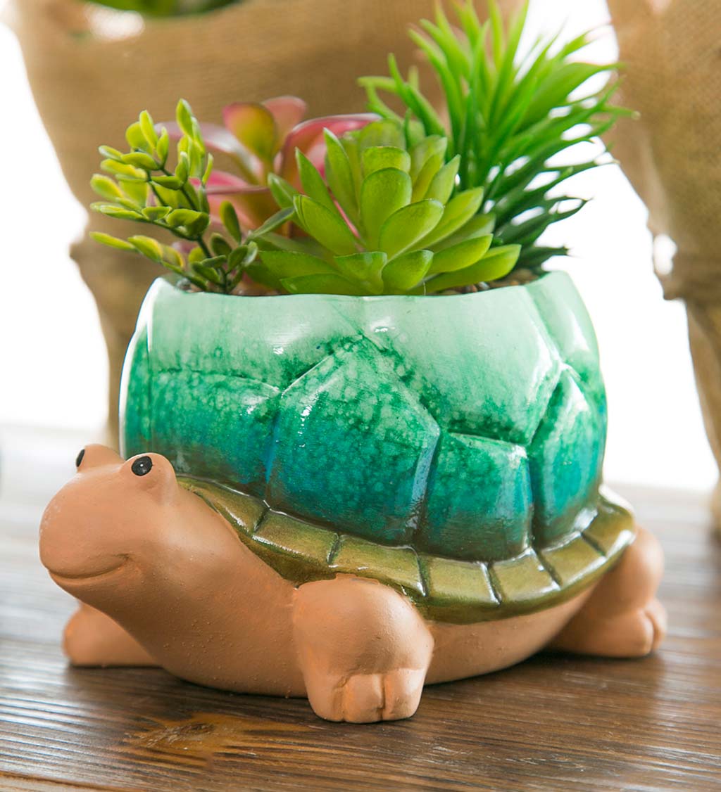 Ceramic Turtle Planter with Faux Succulents