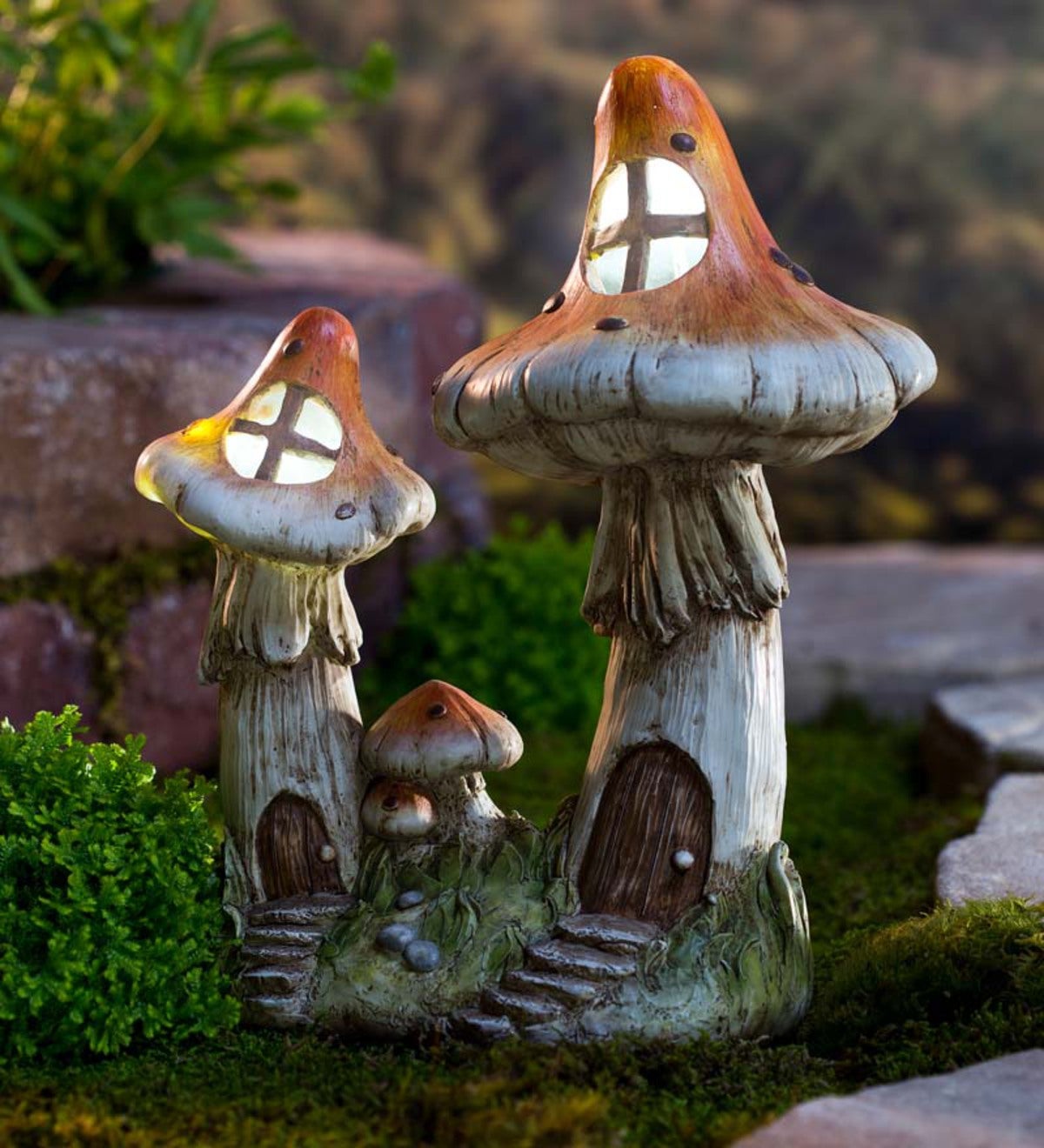 fairy house mushroom garden solar houses windandweather two fairies statue mushrooms enchanting pumpkin gardens wind weather gnome