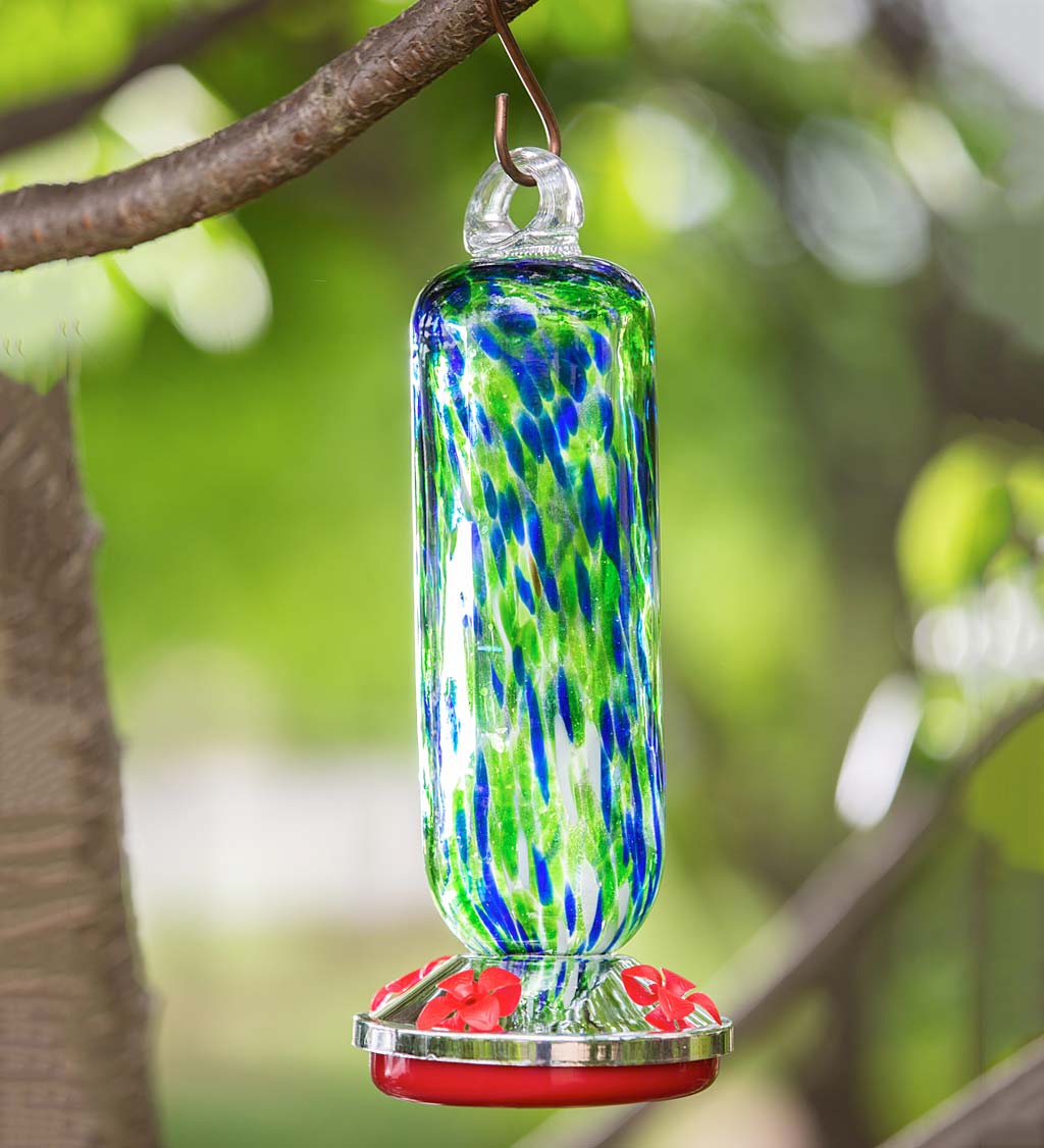 Blue and Green Speckle Glass Hummingbird Feeder