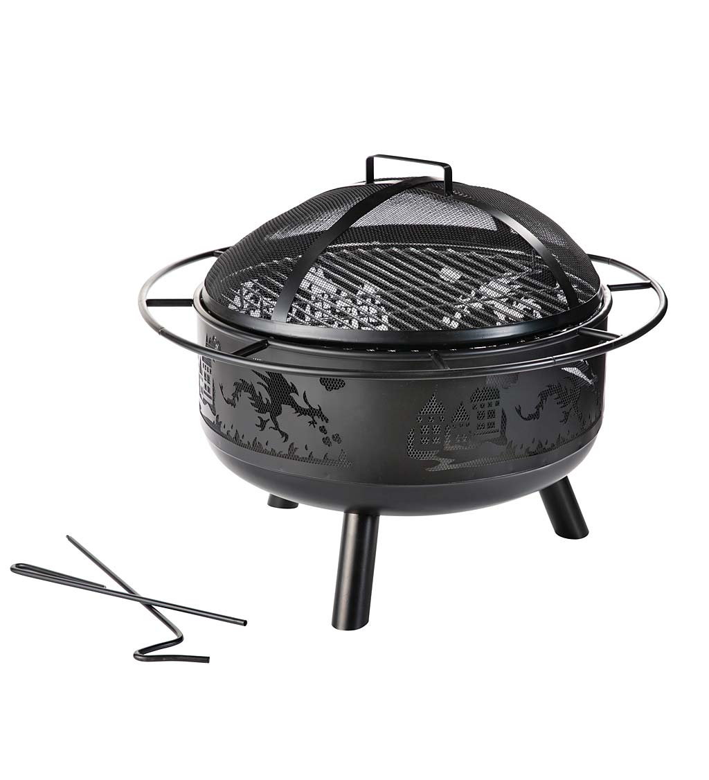 Dragons and Castles Wood-Burning Fire Pit with Spark Guard, Grill and Poker
