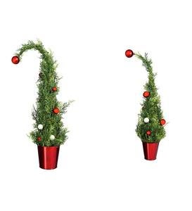 Faux Trees with Ornaments in Red Pots, Set of 2
