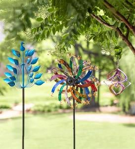 Metal Yard Wind Spinners with Stake for Outdoor Lawn Decor 20 W x 77 H, Multi-Color Cyan Oasis Solar Garden Wind Spinners with Light 