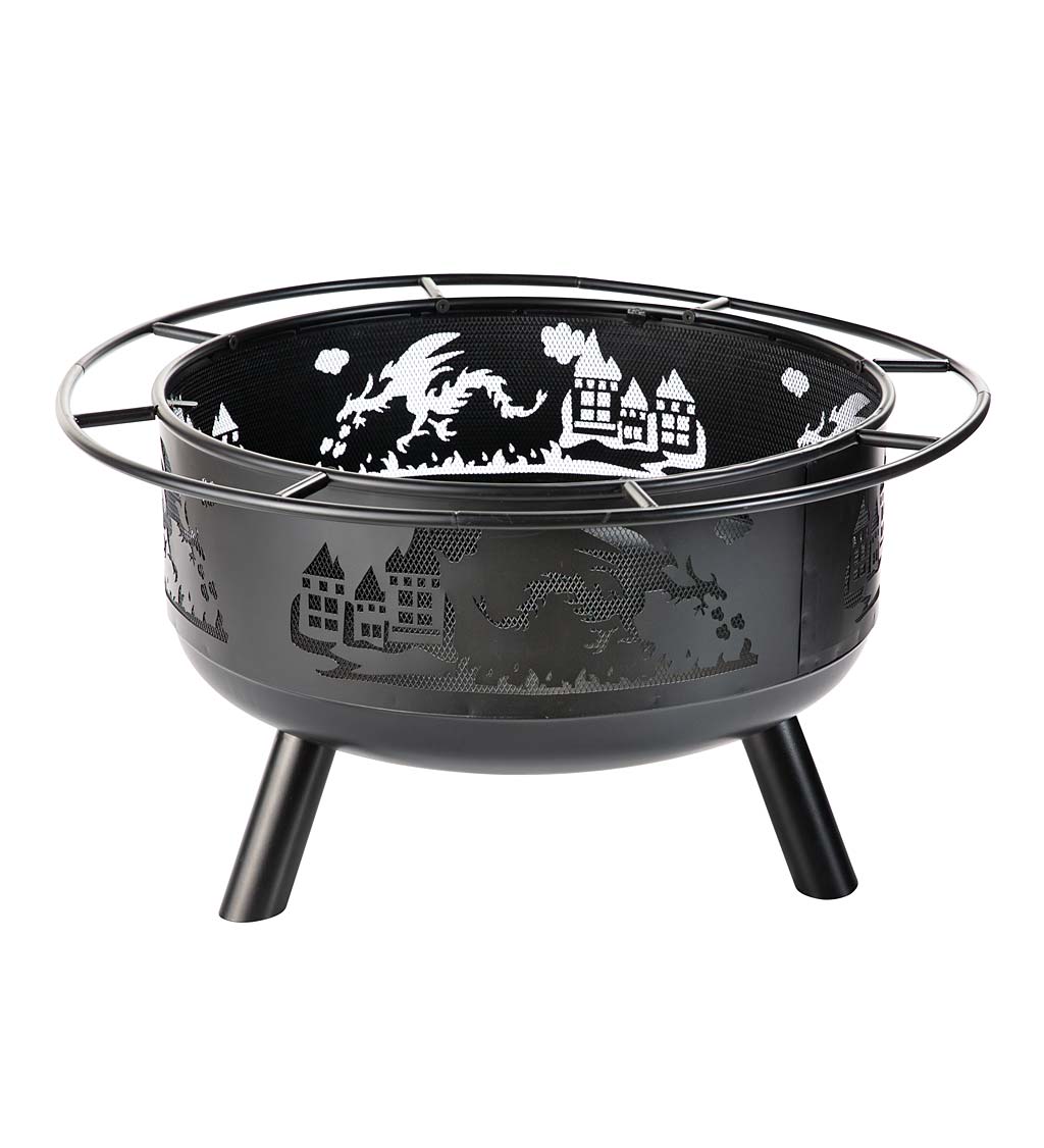 Dragons and Castles Wood-Burning Fire Pit with Spark Guard, Grill and Poker