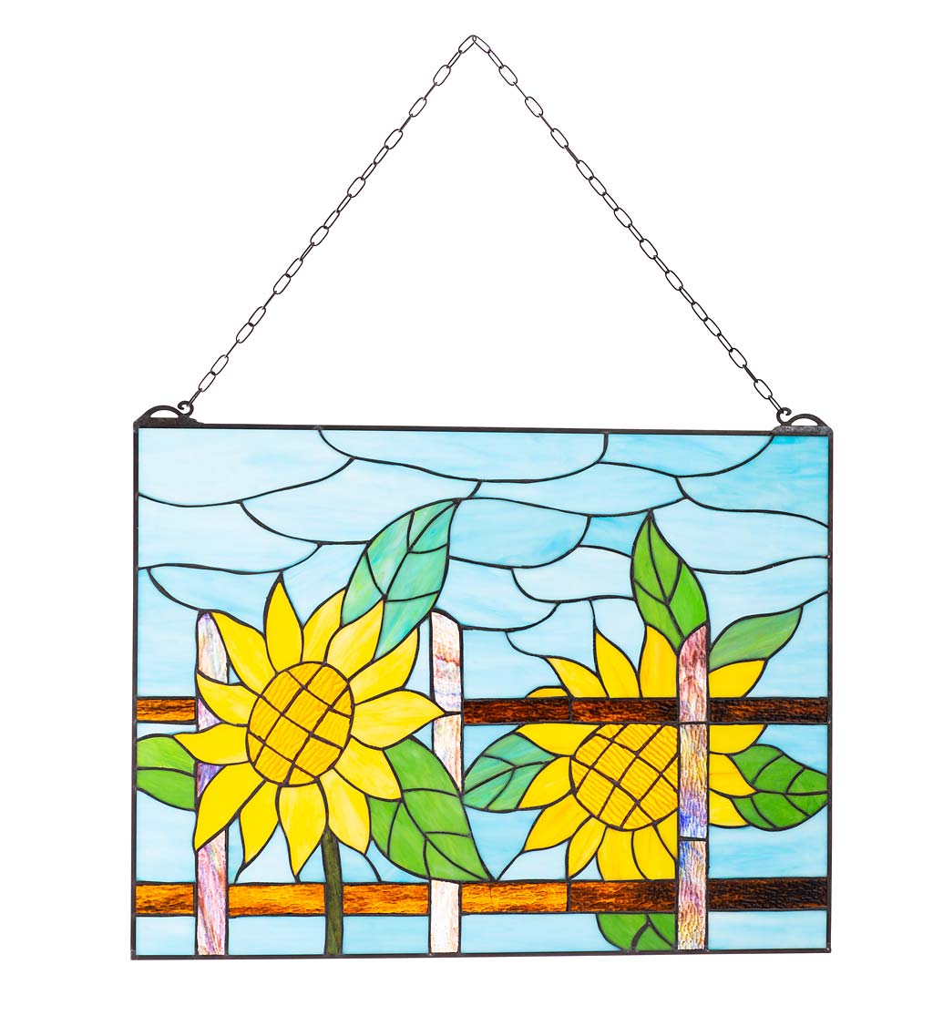 Stained Glass Sunflower Art Panel with Metal Frame and Chain