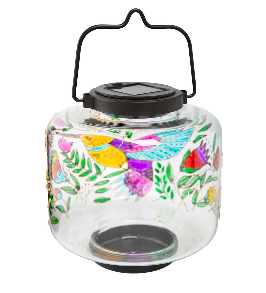 Solar-Powered Glass Lantern with Painted Hummingbird and Flowers