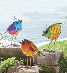 Indoor/Outdoor Metal and Colorful Iridescent Glass Bird Statues, Set of 3