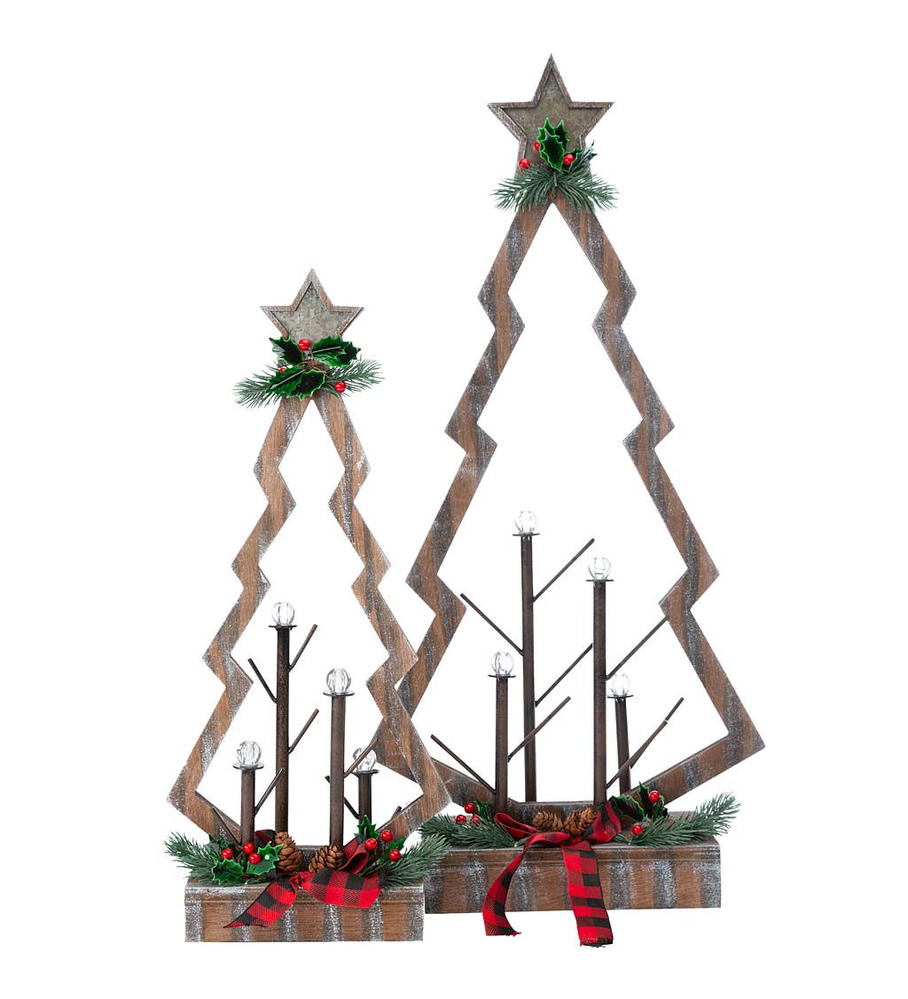 Tabletop Lighted Wooden Christmas Trees, Set of 2