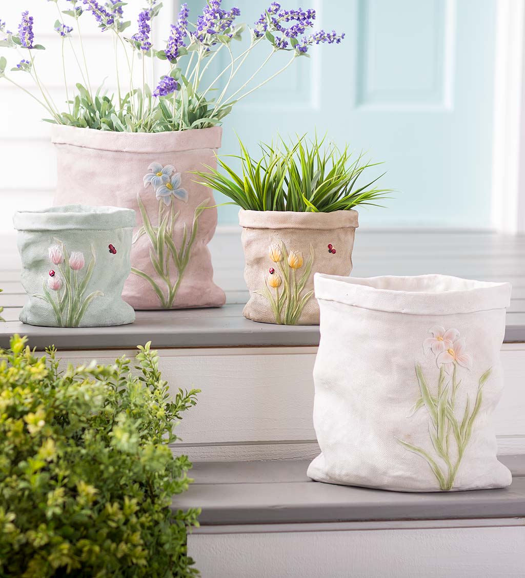 Weather-Resistant Resin Rumpled Bag Planter with Tulip Design