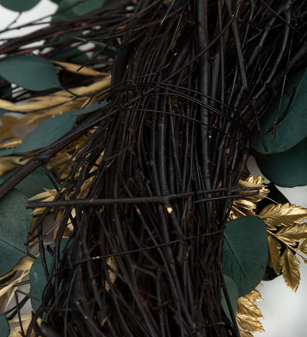Woven Grapevine Wreath with Eucalyptus and Gold Fern