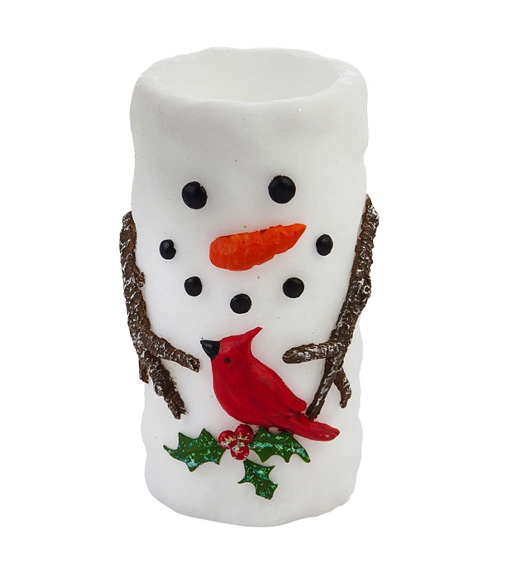 Snowman and Cardinal LED Wax Pillar Christmas Candle