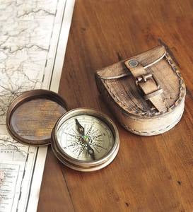 Antiqued Brass Poem Compass With Leather Case