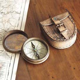 Antiqued Brass Poem Compass With Leather Case