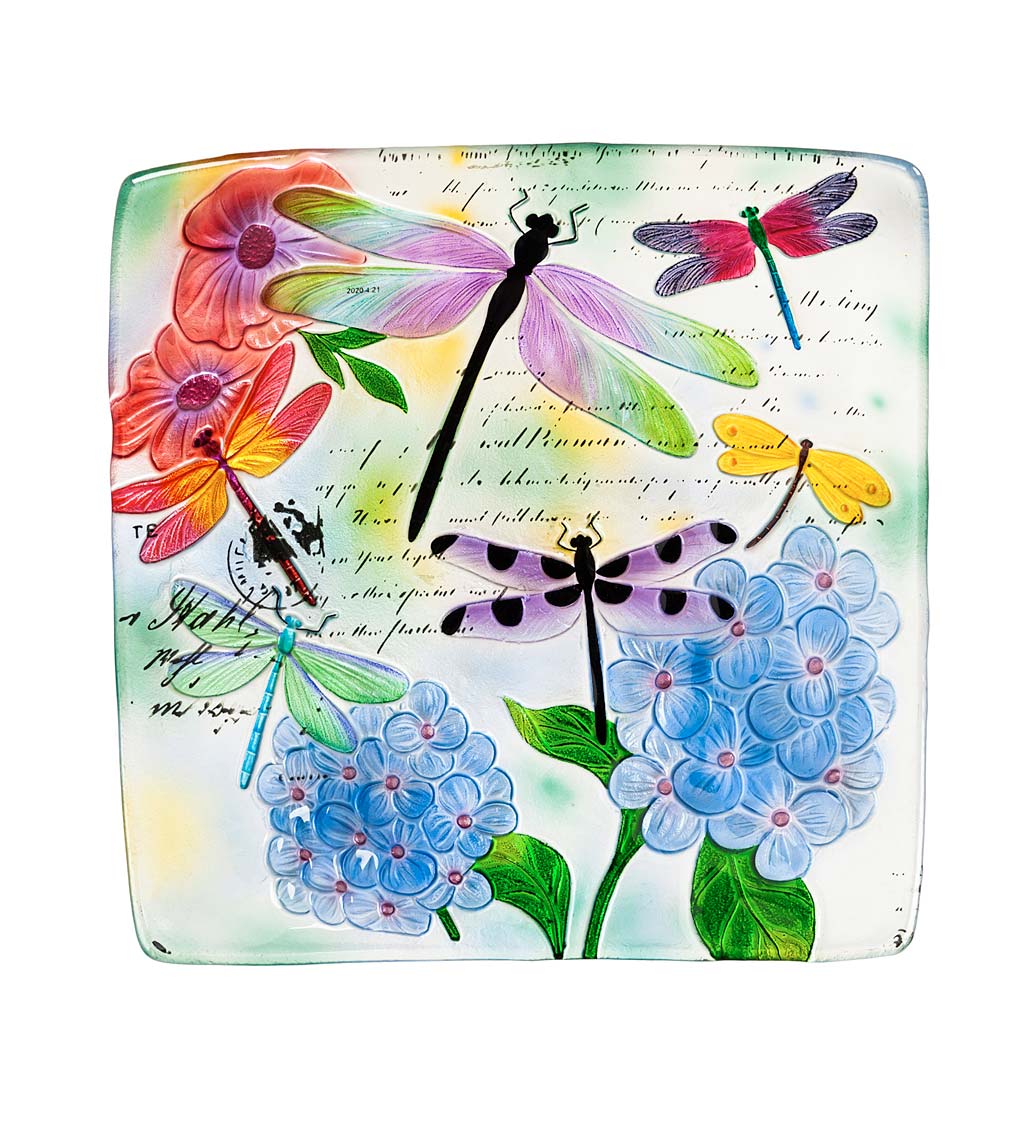 Hand-Painted Embossed Square Glass Dragonfly and Flowers Bird Bath