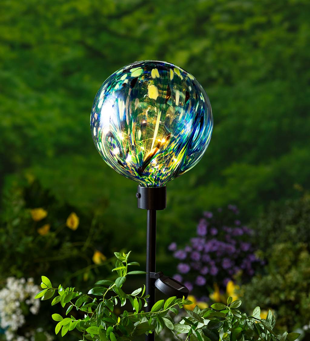 Glowing Glass Solar-Lighted Orb on Metal Stake