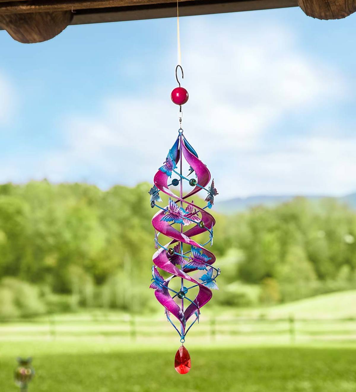 12 Inch Cat with Butterfly on Branch Zephyr Spiral Wind Spinner 