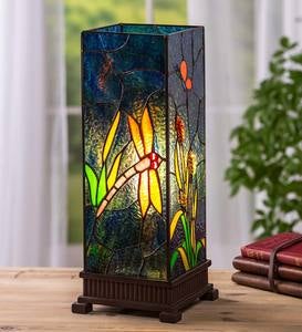 Stained Glass Dragonfly Lamp with Craftsman-Style Wood Base