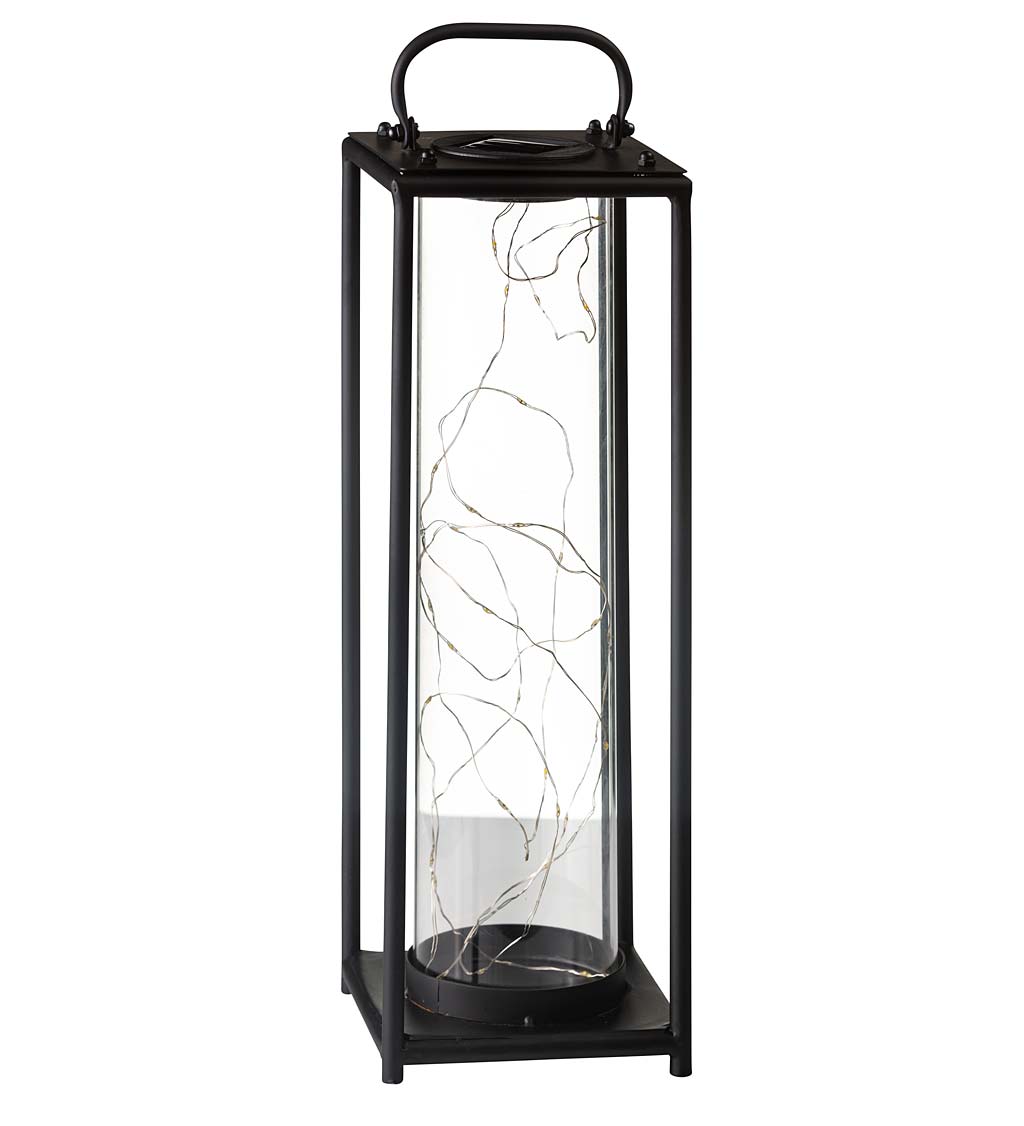 Small Black Metal and Glass Solar-Powered Firefly Lantern with Handle