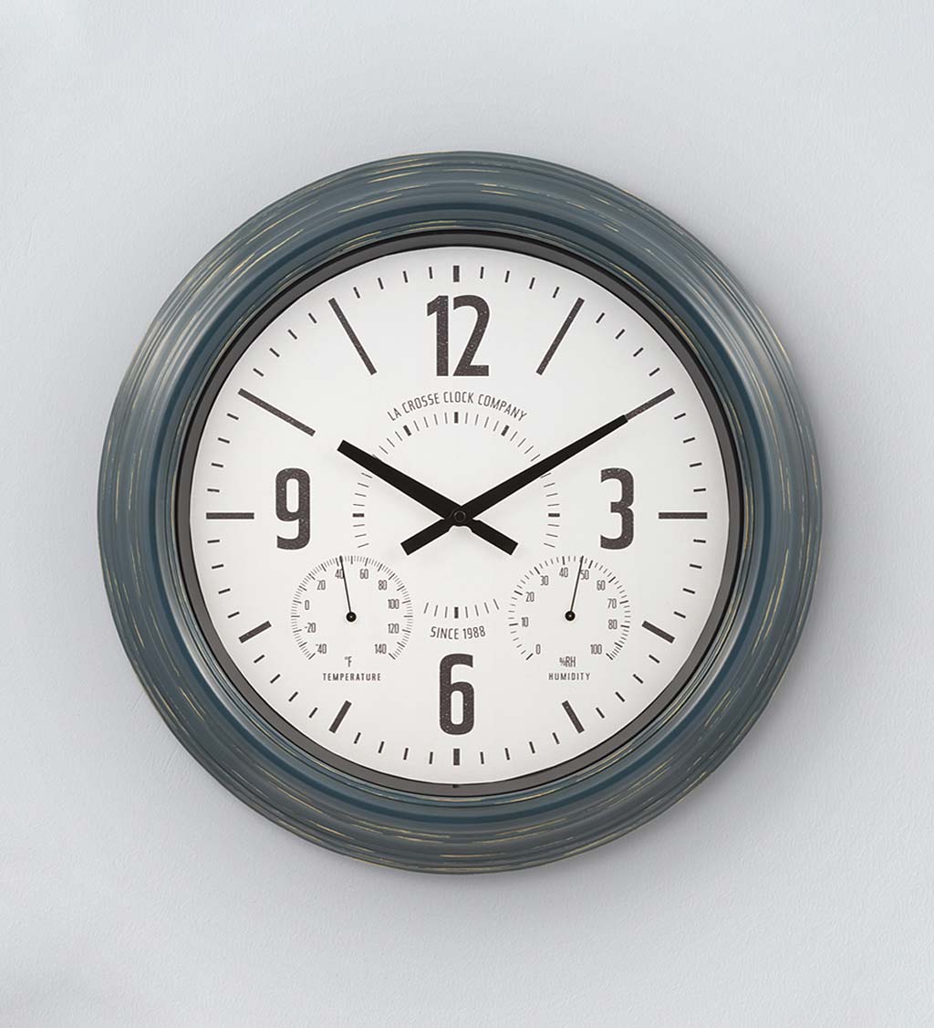 Indoor/Outdoor Atomic Analog Wall Clock with Temperature and Humidity and Large Sans-Serif Numerals