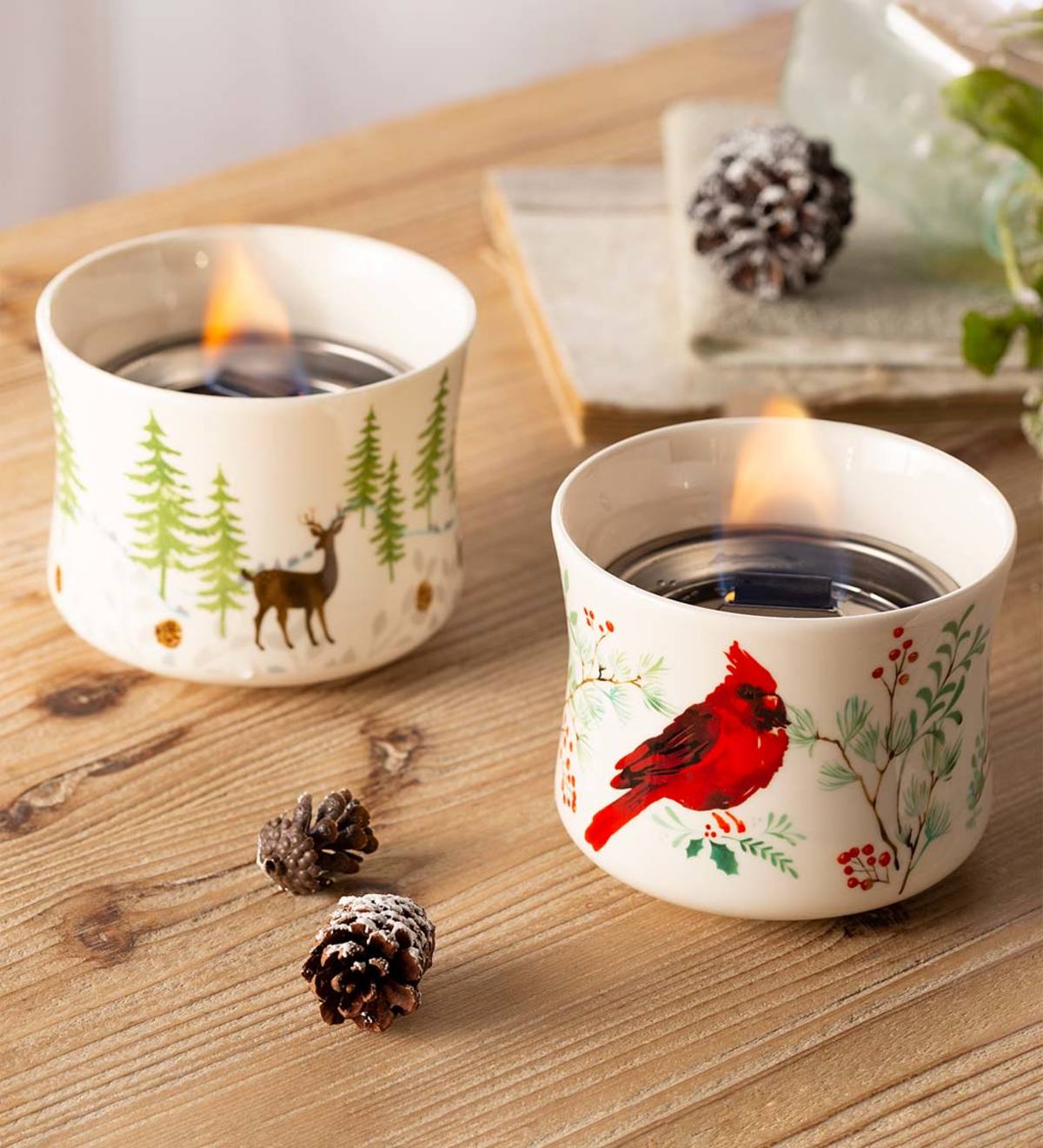 Cardinal and Deer Holiday Ceramic Oil Candles, Set of 2
