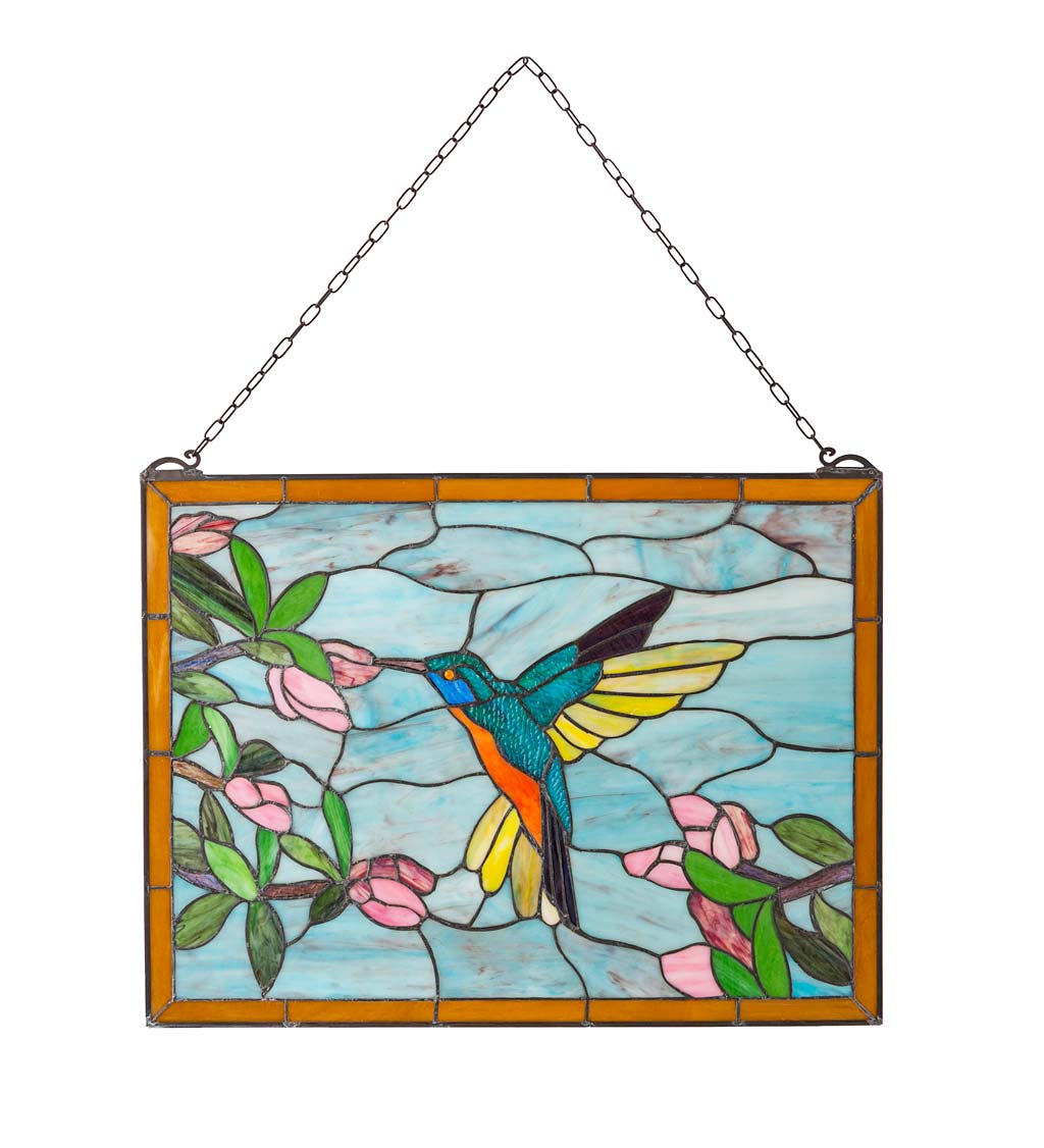 Stained Glass Hummingbird Art Panel with Metal Frame and Chain Wind and  Weather