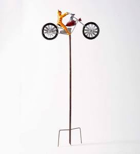 Metal Cat on Motorcycle With Spinning Wheels Wind Spinner