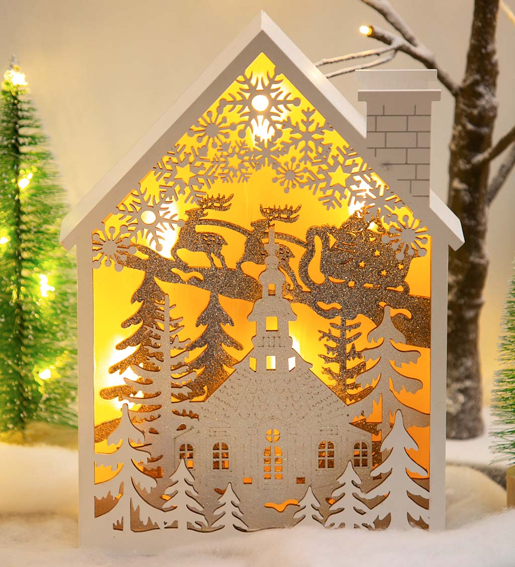 LED Wooden House with Santa Scene Lighted Decor | Wind and Weather