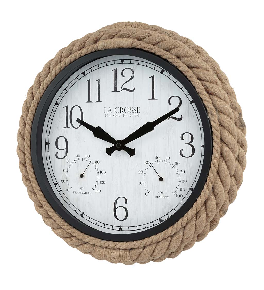 Indoor/Outdoor Wall Clock with Temperature and Humidity and Plastic Rope Surround
