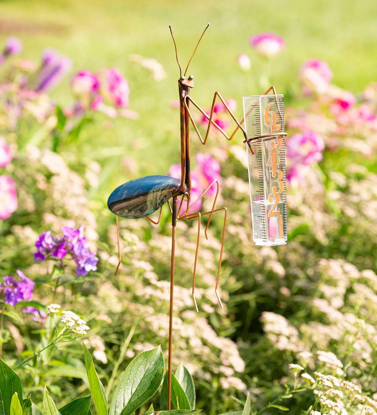 Handcrafted Copper Praying Mantis Rain Gauge with 36" Garden Stake