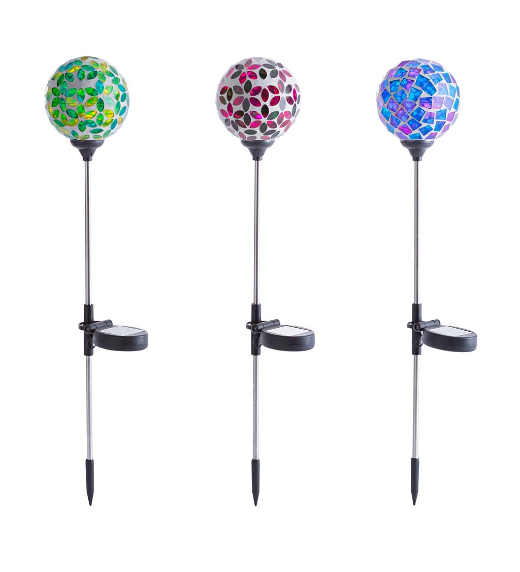Solar Lighted Pieced Glass Mosaic Orb Garden Stakes, Set of 3