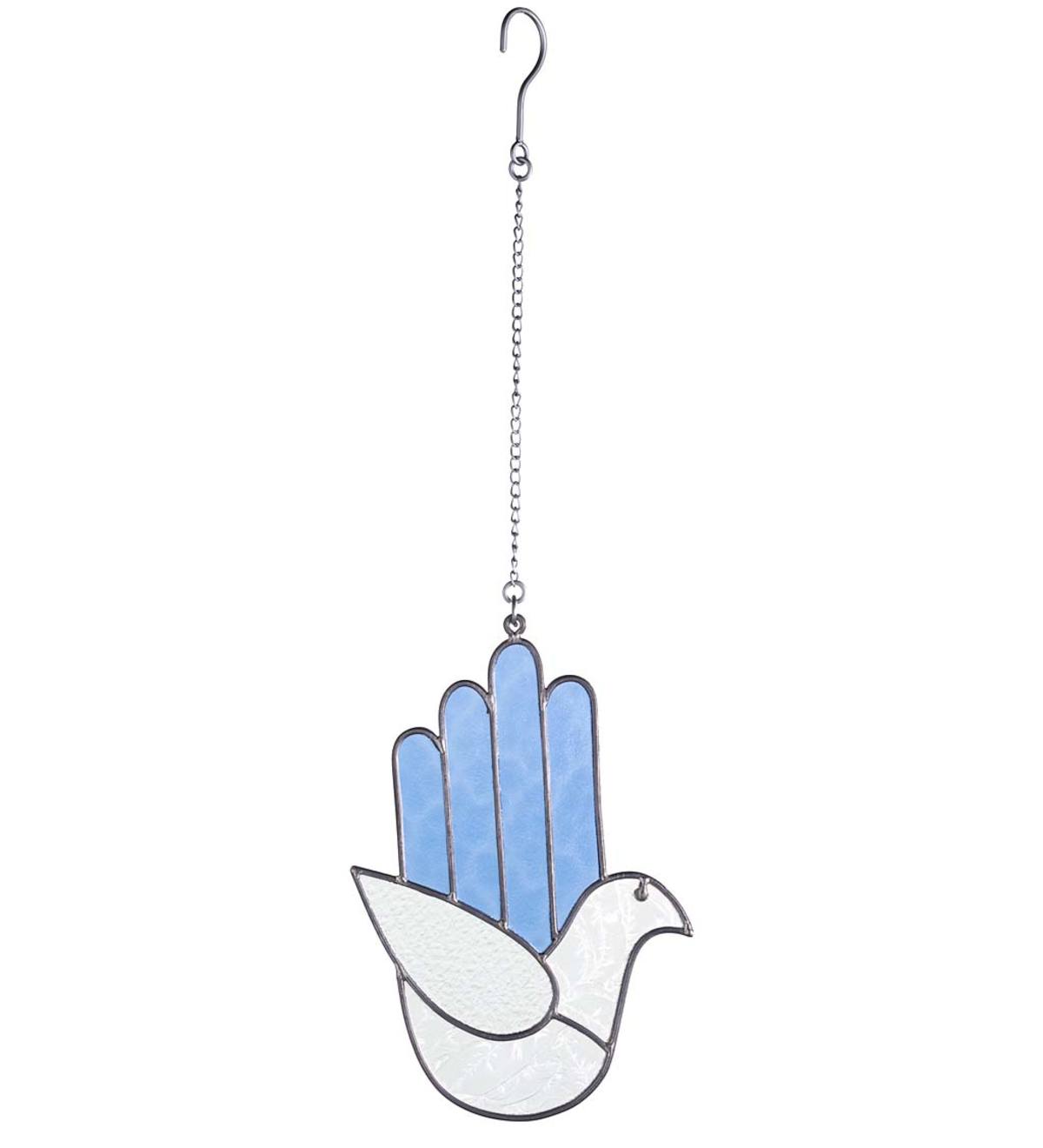 Blue and Clear Stained Glass Dove Hamsa With Hanging Chain
