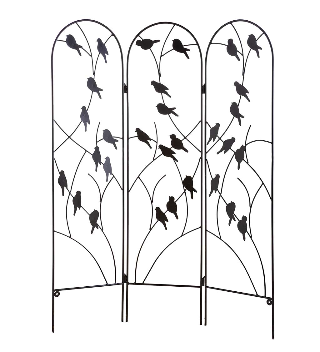 Three Panel Wrought Iron Birds and Branches Garden Trellis