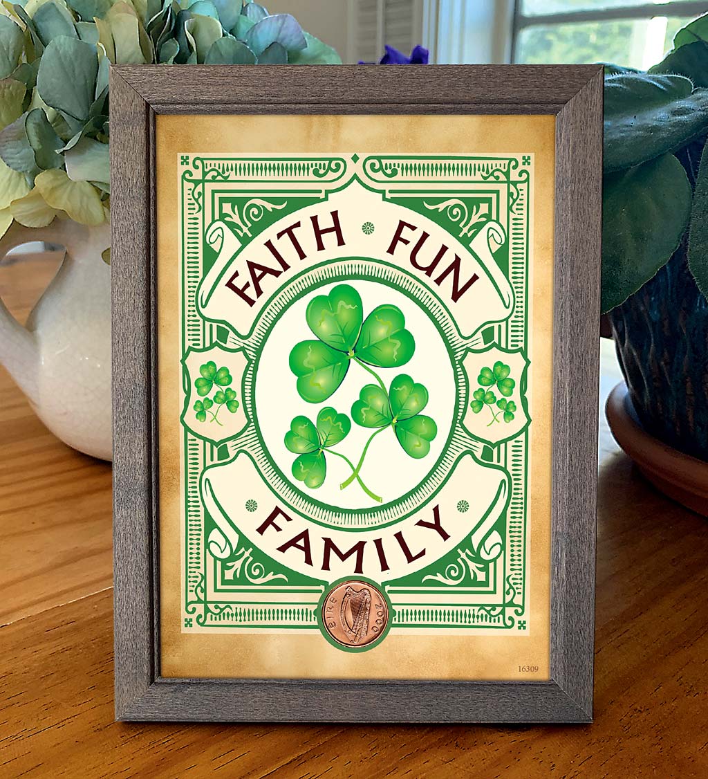 Framed Irish Motto Tabletop Art with Easel Back and Authentic Irish Penny