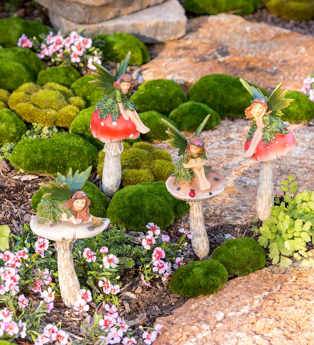 Fairies On Mushrooms Garden Stakes, Set of 4
