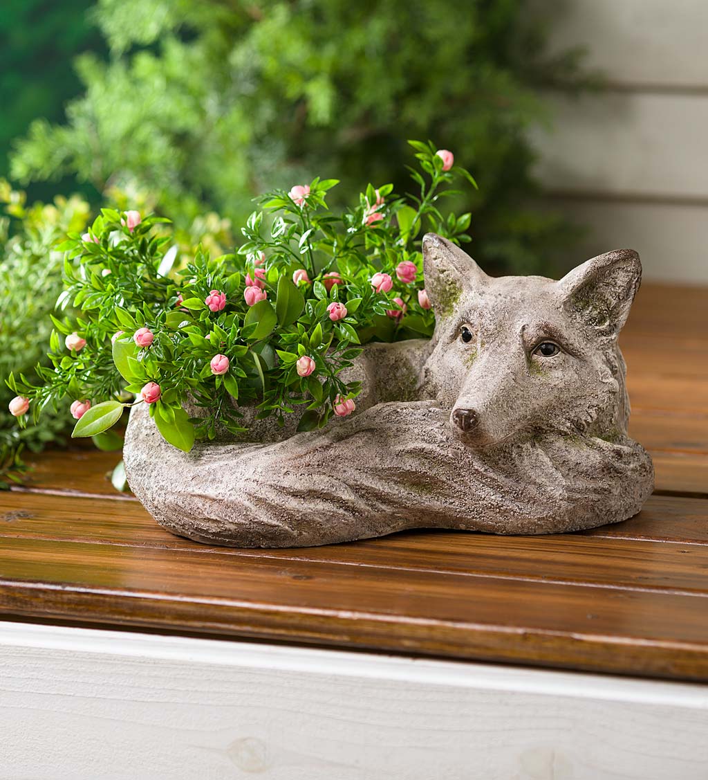 Resting Fox Planter With Look of Carved Stone Accented with "Moss" Patches
