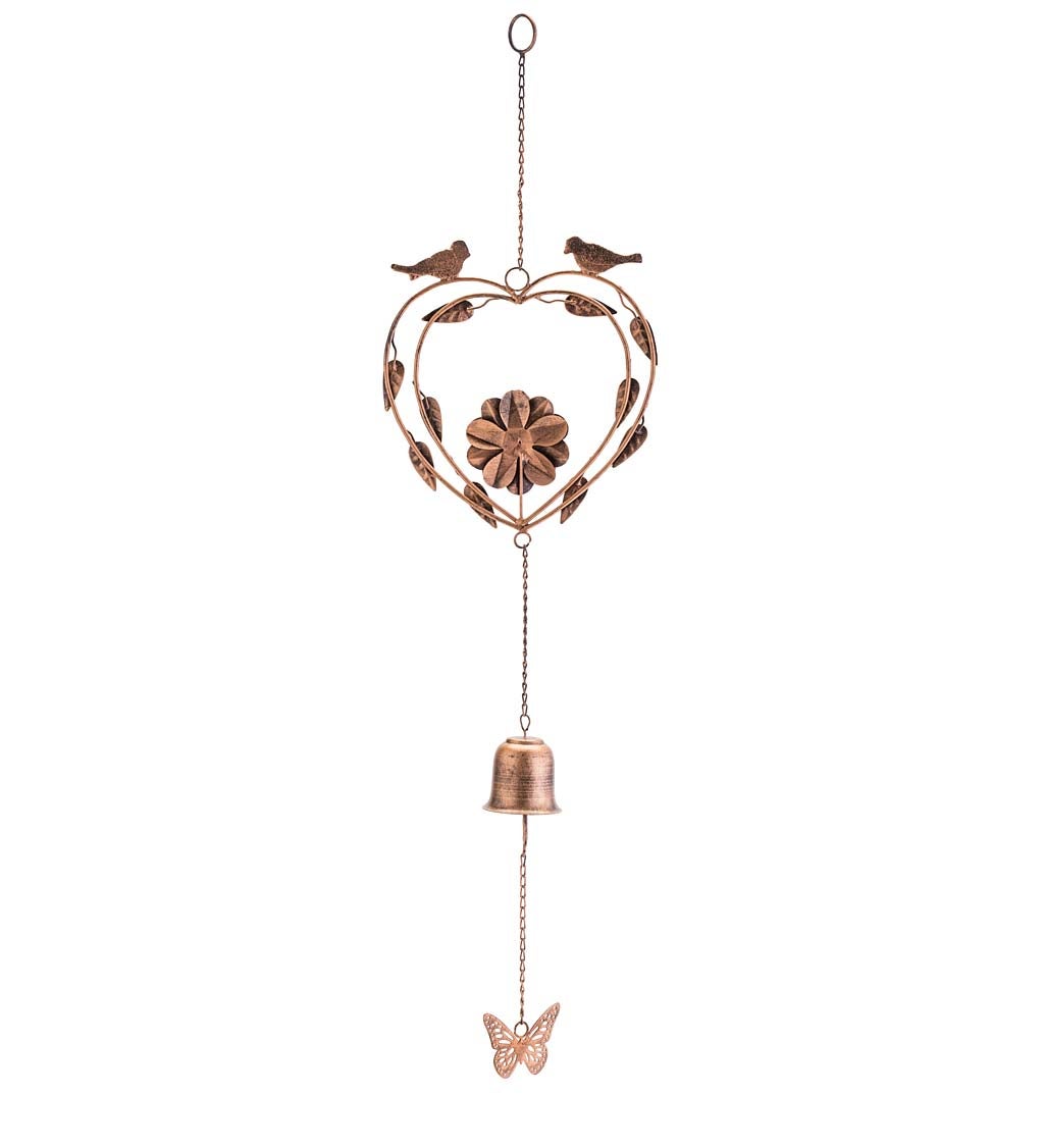 Handcrafted Golden Metal Wind Chime with Birds, Heart, Flower, Butterfly and Bell