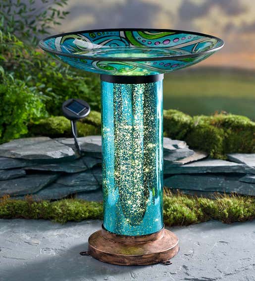 Image of a Glass Fish Motif Birdbath with Solar Lighted Mercury Glass Stand. Shop Gifts For Bird Lovers