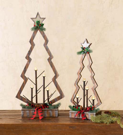 Image of two Tabletop Lighted Wooden Christmas Trees. Shop Tabletop Décor